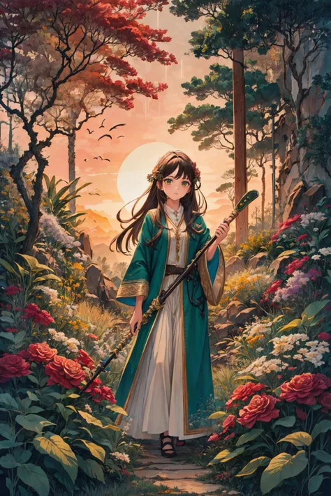 a girl in a green dress holding a sword in a forest