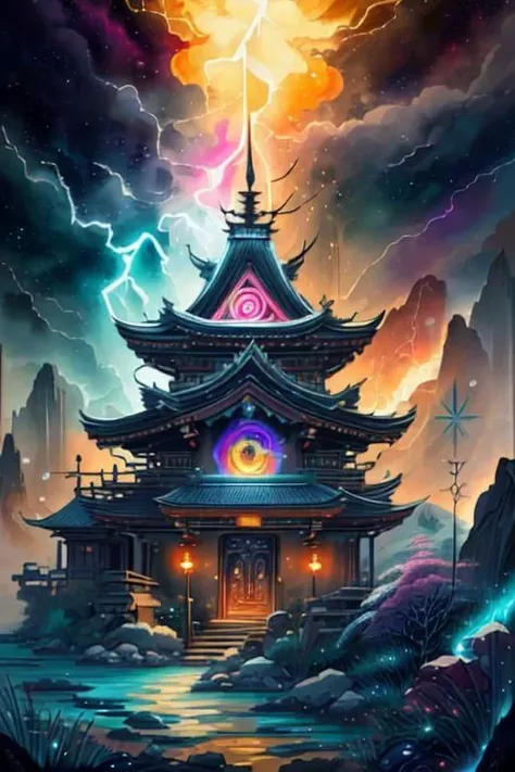 a painting of a pagoda with a bright light shining on it