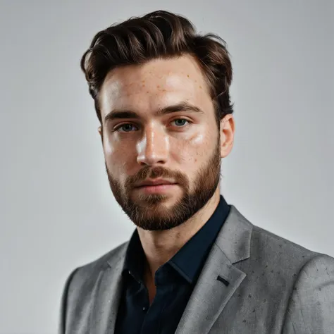 a close up of a man with a beard wearing a suit