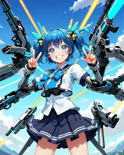 a close up of a person holding guns in front of a sky