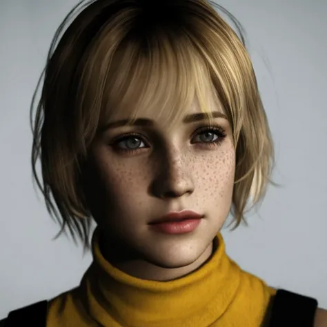 a close up of a woman with a yellow turtle neck