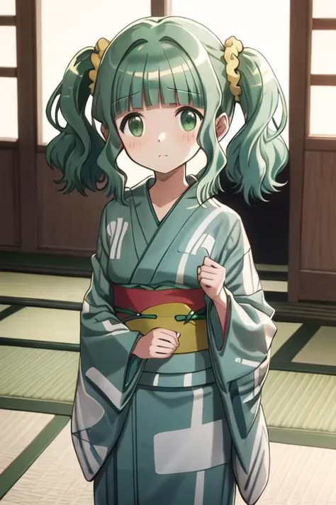 best quality, masterpiece, highres, solo, {yukata:1.40}, {kimono:1.20}, {futaba_sana_puellamagimadokamagicasidestorymagiarecord:1.15}, bangs, sidelocks, blunt_bangs, twintails, green_hair, wavy_hair, medium_hair, green_eyes, hair_ornament, blush, dot_nose,...