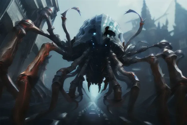 a close up of a giant spider with a person standing on it