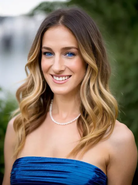 Realistic photo of a beautiful s4r4hjp woman,  1girl,long hair,smile,blue eyes,multiple girls,blonde hair,dress,bare shoulders,jewelry,upper body,multiple boys,teeth,solo focus,necklace,grin,blurry,curly hair,realistic, soft lighting, professional Photogra...