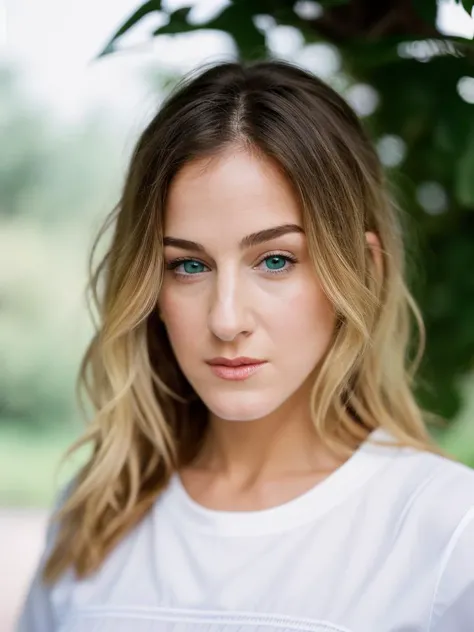 Realistic photo of a beautiful s4r4hjp woman,1girl,solo,looking at viewer,blonde hair,shirt,green eyes,white shirt,upper body,medium hair,mole,blurry,lips,realistic,mole on cheek, soft lighting, professional Photography, Photorealistic, detailed, RAW, anal...