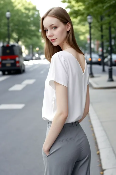 European woman, closeup, sandals, (shirt), pants, (streets of boston), ZM_konstandina, wide shoulders, perfect face, (contact iris: 1.1), pale skin, skin pores , depth of field