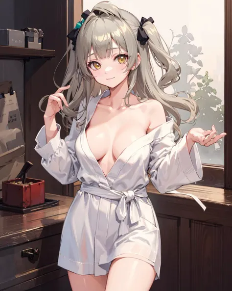 naked bathrobe, 1girl, minami kotori, breasts, solo, long hair, looking at viewer, bangs, large breasts, long sleeves, hair bow, indoors, one side up, bow, closed mouth, smile, brown hair, cowboy shot, brown eyes, green bow, yellow eyes, single hair ring, ...