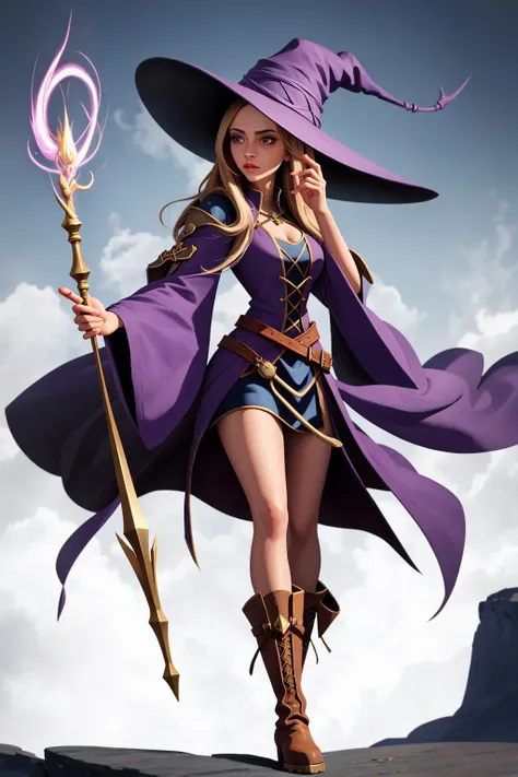 a beautiful female wizard casting a spell on the viewer. pointy wide-brimmed hat. boots.