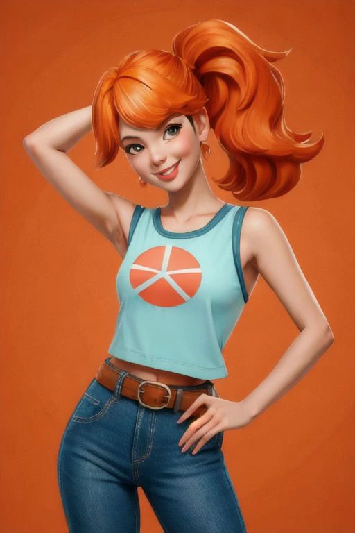 ((masterpiece, best quality)), Misty_Pokemon, side ponytail, orange hair, solo, smiling, blushing, looking at viewer, cowboy shot, peace sign, cinematic composition, contrapposto, abstract background,