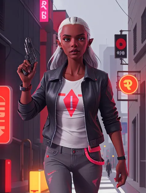masterpiece, best quality, high quality, realistic drow, detailed lips, detailed face, detailed eyes, 1girl, leather jacket, red t-shirt, jeans, pointy ears, (grey skin, black skin:1.4), red eyes, white hair, neon lights, cyberpunk, alley, cyberpunk, handg...