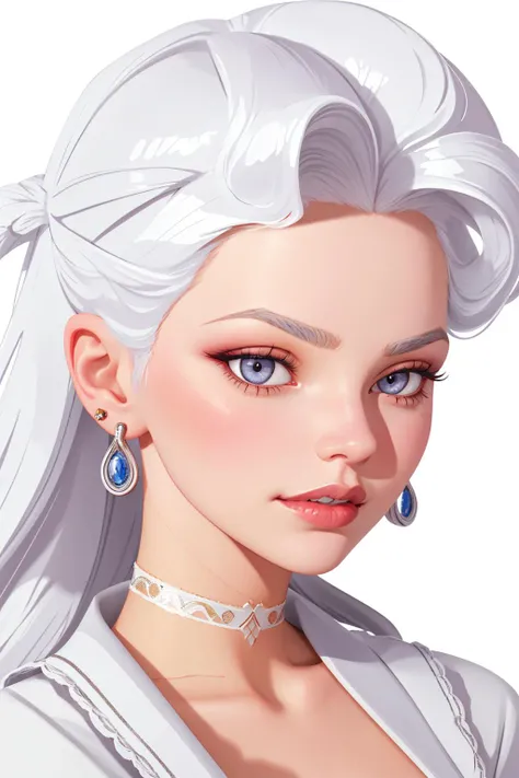 4K, Masterpiece, highres, absurdres, 1girl, solo, looking at viewer, simple background, white background, jewelry, white hair, earrings, teeth, choker, lips, grey eyes, makeup, lipstick, portrait, realistic, with edgMarquise hairstyle,((cowboy shot)) <lora...