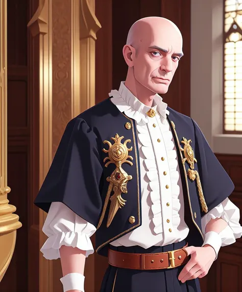 masterpiece, best quality, high quality, realistic, detailed lips, detailed face, detailed eyes, 1boy, frills, decadent noble, warhammer 40k, gold trim, medieval finery, skinny, belt, sheathed sword, gothic architecture, great hall, indoors, smug, (old man...