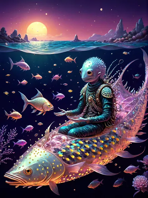 Bioluminescent (Bosch_Creatures:0.5) human with fish body (swathed in glowing geometric fabrics:1.3) in a (surreal translucent:1.3) raft on a rippled ocean. (mauve-tinted:0.9), Surreal animal hybrids, vibrant dotted flora, (bronze filigree inlay:0.9), Fauv...