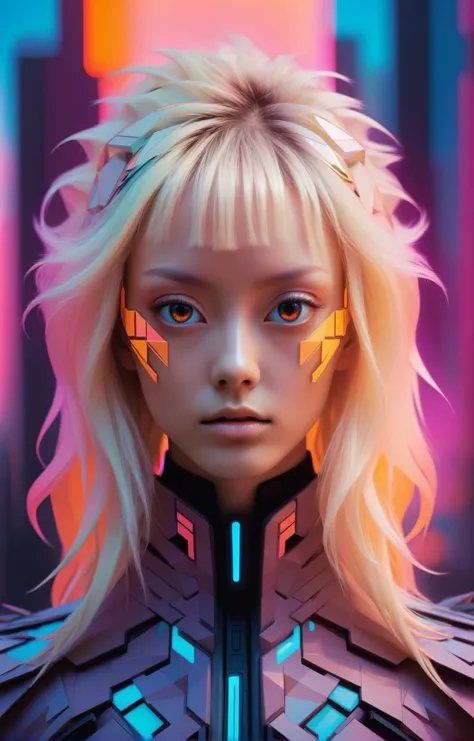 close up portrait of a beautiful  woman,  black eyes, blonde shag hair, abstract geometric gradients, glowing fractals, opalescent, Vogue photoshoot, surreal cyberpunk cityscape engulfed in neon hues, detailed <lora:Bas_Waijers_-_Artstyle_Style_SDXL:1>