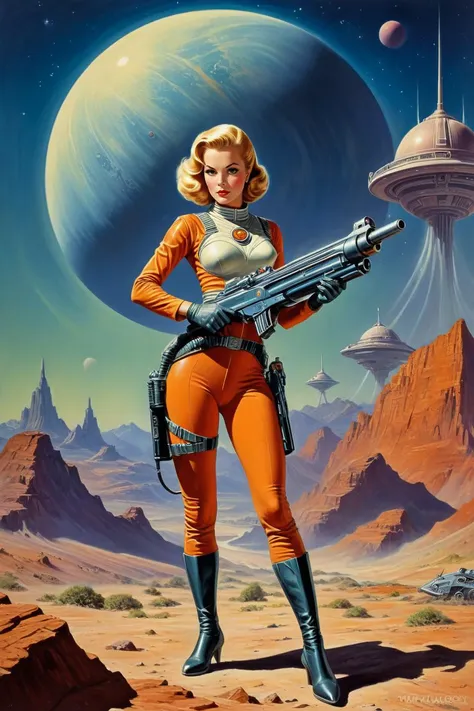 a woman in orange outfit holding a gun in front of a planet