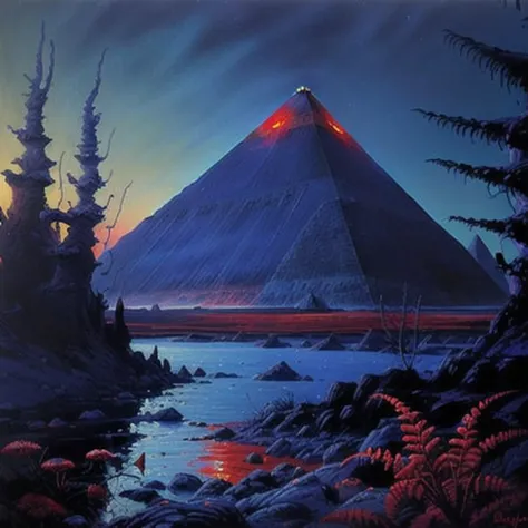 <lora:cosmiclandscapes:0.7>, cosmiclandscapes, ((retro)), ((mysterious)), ((painting of an alien landscape)), ((red lake)), (blu...