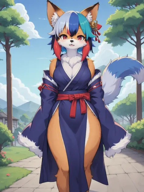 (fluffy anthro furry:1.3), furry raccoon, (Michiru:1.1), small breasts, 1girl, solo, blue hair, two tone hairs, (multicolored eyes:1.3), fox ears, kimono dress, outdoors, <hypernet:furry_kemono:0.75>