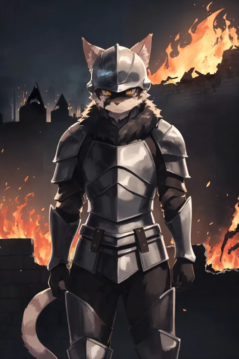 cat in armor, full armor, (helmet:1.2), crestfallen, dark knight, solo, (body fur:1.2), (best quality), sad contex, (detailed fire ruined castle background:1.2), (detailed fluffy fur:1.1),   tail, sad