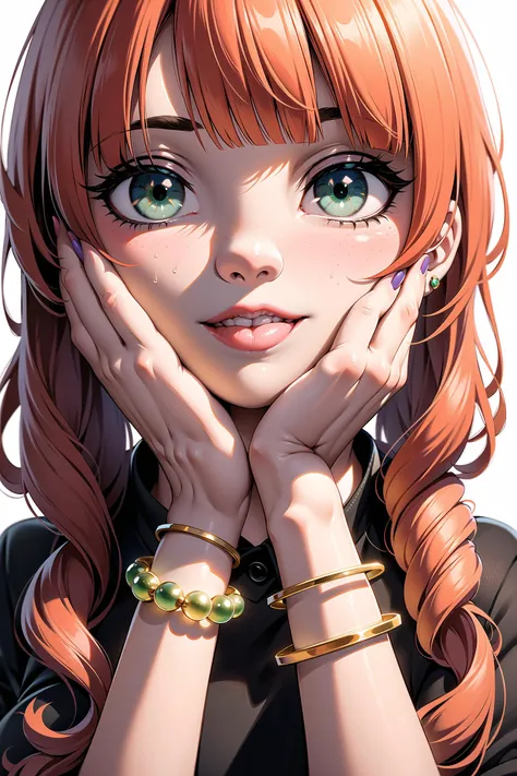 1girl, solo, long hair, looking at viewer, smile, hair ornament, white background, jewelry, red hair, blunt bangs, nail polish, bracelet, lips, green eyes, portrait, red nails, close-up, red lips, hands on own face, hands on own cheeks,(masterpiece:1.2),(b...