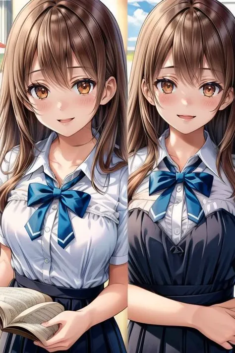 two anime girls in school uniforms are standing next to each other