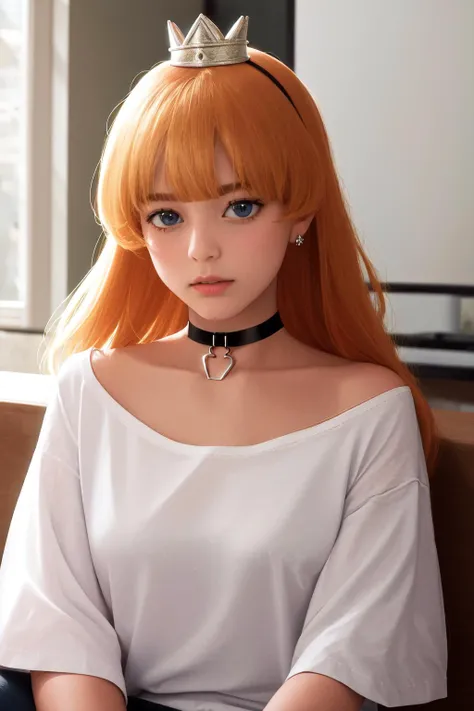 masterpiece, best quality, highres, 1girl mini crown, choker white shirt oversized shirt <lora:goumon_hime:1> photorealistic, sitting