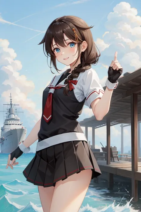 masterpiece, best quality, absurdres, perfect anatomy, 1girl, solo shigurekancolle, long hair, single braid, hair flaps, shigure...