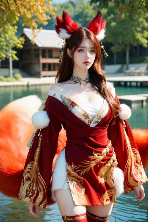 a woman in a red and gold costume standing next to a body of water