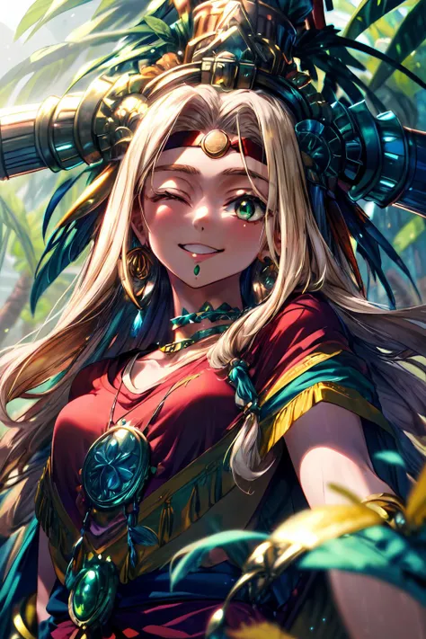 masterpiece,best quality,1girl,QuetzCas,long hair,blonde hair,green eyes,hair ornament,jewelry,choker,necklace,earrings,headband,headdress,bracer,feathers,poncho,smile,one eye closed,tropical forest,<lora:Quetzalcoatl:0.9>,<lora:Concept-control tool-add_de...