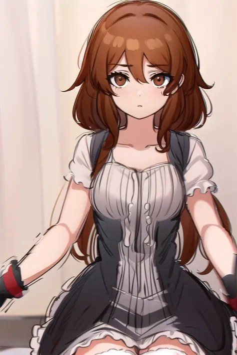 akanetaira, <lyco:akanetaira-lyco-nochekaiser:0.8>,
akane taira, long hair, brown hair, hair between eyes, (brown eyes:1.5),
BREAK thighhighs, dress, bow, collarbone, short sleeves, frills, shoes, puffy sleeves, black footwear, black dress, red bow, white ...