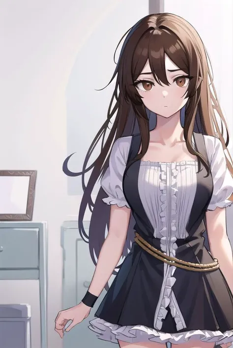 akanetaira, <lyco:akanetairav2-lyco-nochekaiser:0.8>,
akane taira, long hair, brown hair, hair between eyes, (brown eyes:1.5),
BREAK thighhighs, dress, bow, collarbone, short sleeves, frills, shoes, puffy sleeves, black footwear, black dress, red bow, whit...