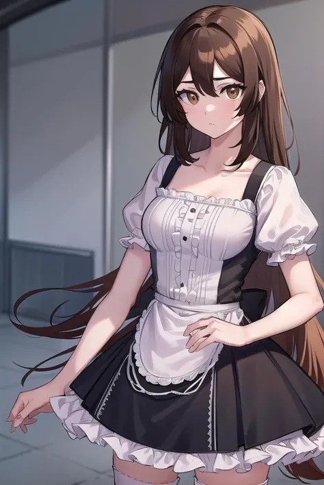 akanetaira, <lyco:akanetairav2-lyco-nochekaiser:0.8>,
akane taira, long hair, brown hair, hair between eyes, (brown eyes:1.5),
BREAK thighhighs, dress, bow, collarbone, short sleeves, frills, shoes, puffy sleeves, black footwear, black dress, red bow, whit...