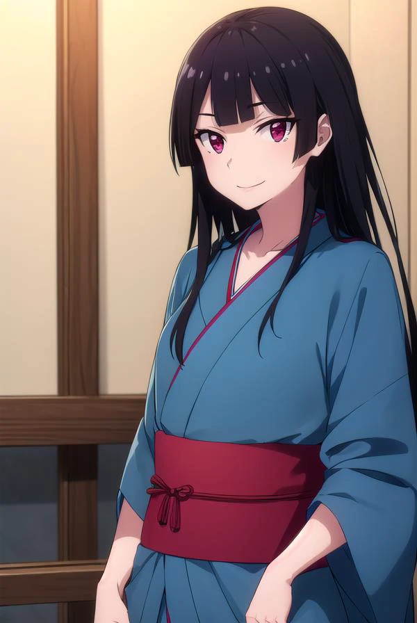 rorymercury, <lora:rory mercury s1s2-lora-nochekaiser:1>,
rory mercury, long hair, black hair, (red eyes:1.3), bangs, blunt bangs, hime cut, smile,
BREAK japanese clothes, kimono, yukata, (blue kimono:1.2),
BREAK indoors, onsen, hot spring,
BREAK looking a...