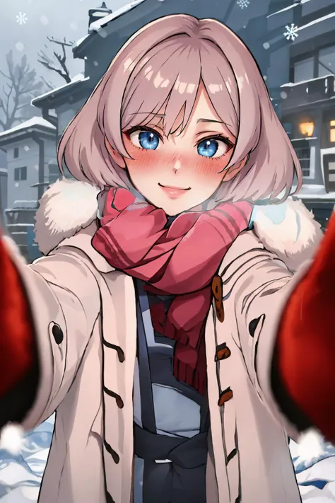 a woman in a white coat and red gloves holding a snowball