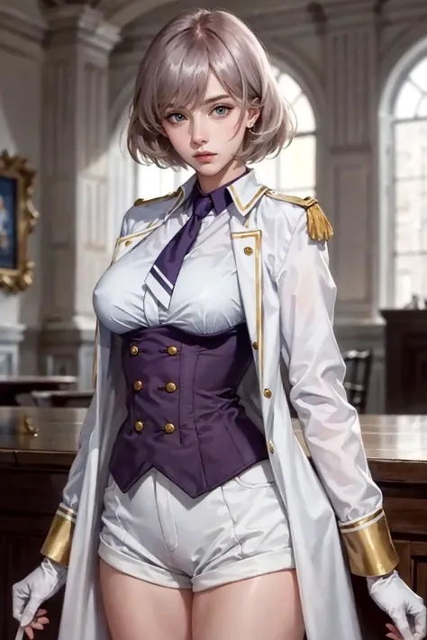 best quality,masterpiece,highres,original,extremely detailed wallpaper,perfect lighting,extremely detailed CG,blurry background,standing,
<lora:ssssdynazenon_mujina:0.7>,mujina,white jacket,military jacket,underbust,necktie,corset,white gloves,purple short...