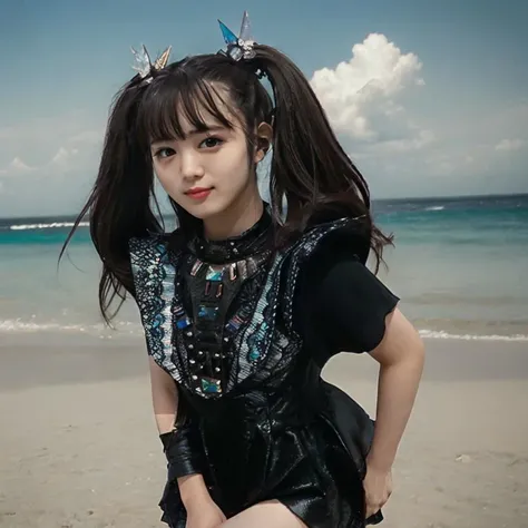 1girl,masterpiece, photorealistic, detailed, RAW color photo,(fully in frame:1.1),<lora:mo4kikuv4:1> young,idol, cute, twintails,black outfit,beach, hdr,asian, best quality