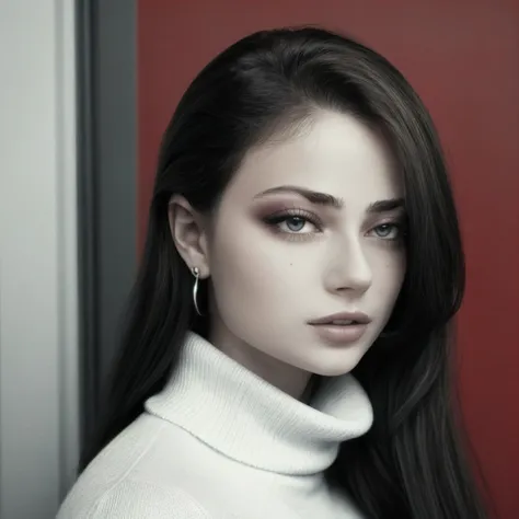 a close up of a woman with long hair wearing a white turtle neck sweater