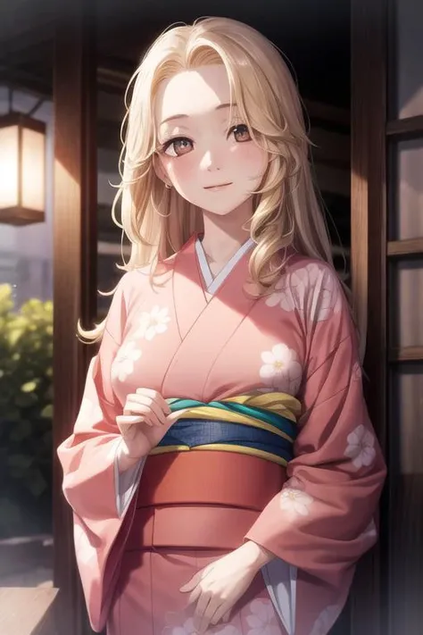 masterpiece, best quality, high quality, 1girl, solo, looking at viewer, upper body, <lora:yui:0.56>, yui, long hair, blonde hair, brown eyes, , yukata