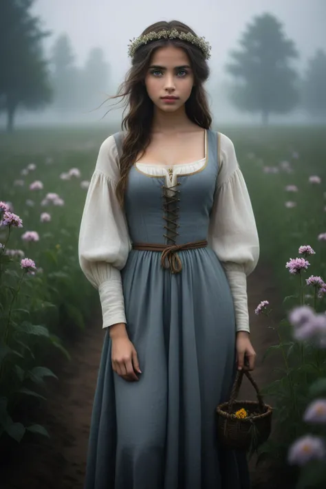 photo of beautiful girl, rough linen medieval clothing, looking at viewer:, in a dark foggy rainy misty flowerfield, rainy, sundress, detailed pupils, extremely detailed CG unity 8k wallpaper, photo of the most beautiful artwork in the world, professional ...