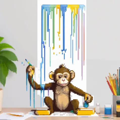 minimalistic, flat shading,  a detailed photo of a monkey dripping paint learning to use tools, detailed god rays, perfect hands, computer 
<lora:pixelbuildings128-v2:1.3>,