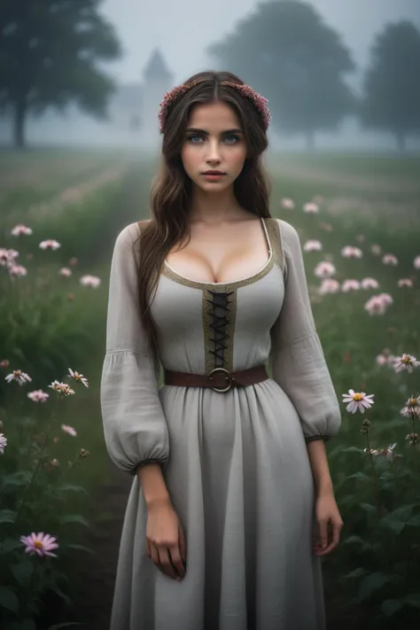 photo of beautiful girl, rough linen medieval clothing, looking at viewer:, in a dark foggy rainy misty flowerfield, rainy, sundress, detailed pupils, extremely detailed CG unity 8k wallpaper, photo of the most beautiful artwork in the world, professional ...