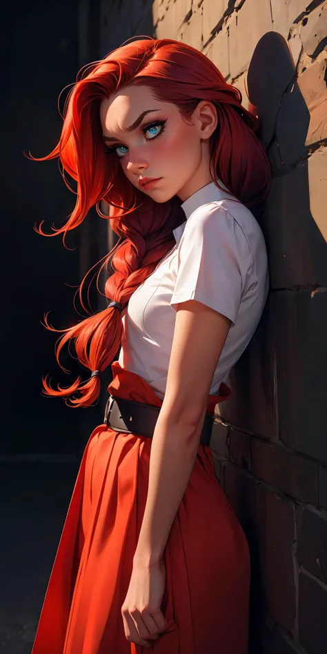 from side,
tall_woman, fit,
long red hair, red_hair, braids, long_hair, sleepy, frowning, light blye eyes, blush, makeup, eyeliner, perfect hands
standing, arms crossed
(detailed_face, perfect_eyes), head tilt,
dark_background, wall_background
hard_shadows...