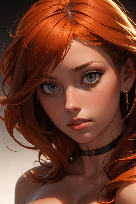 1girl, closeup of a beautiful young woman, big clear eyes, eye contact, (large breasts:1.2), (topless:1.2), (jewelry:1.2), choker, front view, parted lips, pulpy lips, bright orange hair, long hair, bangs, highly detailed, soft tones, extreme detail, dark ...