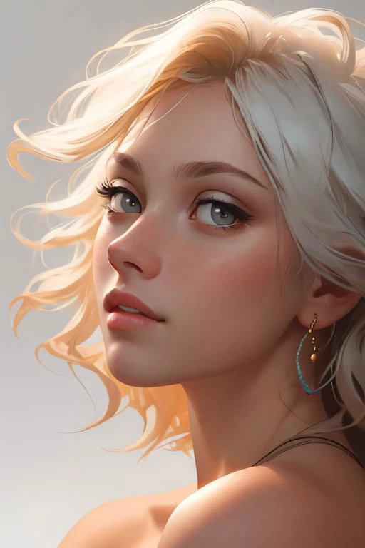 a woman with blonde hair and blue eyes is looking away