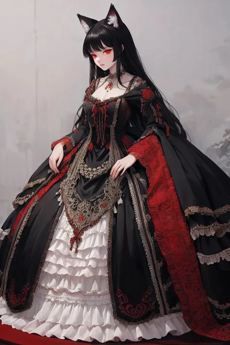 ultra detailed, sharp focus, best quality, masterpiece, colorful, 1 girl, silky black hair, red eyes, wolf girl, wolf tail,  <lora:wrenchrococodome:1> wrenchrococodome, black dress, white dress, full body, best quality, masterpiece, intricate details