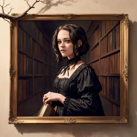 (lovely masterpiece portrait of krst3w4rt with detailed face wearing a victorian dress, exploring an endless spiral library with tall shelves of books at night time, grainy, painting, masterpiece, scary, shadows, dark surreal), ((tree branches poking throu...