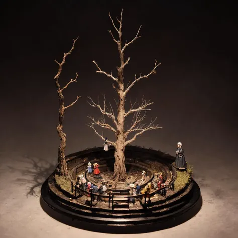 (miniature figurine krst3w4rt explorers made out of plastic with detailed faces wearing dresses, exploring an endless spiral library with tall shelves of books at night time, grainy, painting, masterpiece, scary, shadows,) (dark surreal), ((tree branches p...