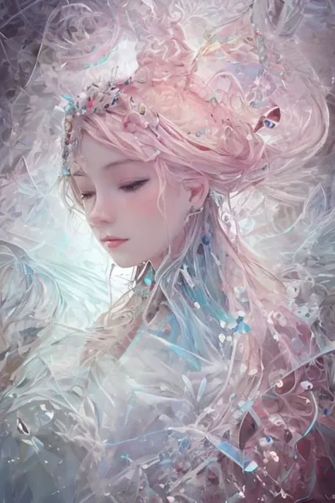 Abstract style hauntingly ethereal portrait of a mysterious figure draped in translucent fabric, crystals adorning their hair, amidst a dreamlike swirl of pastel hues and soft light, evoking a sense of calm serenity and elusive beauty, high detail, award w...