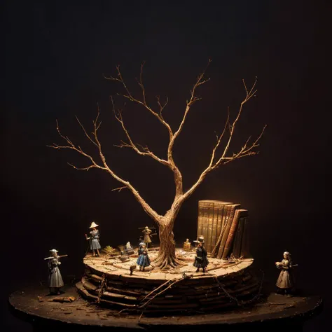 (miniature figurine krst3w4rt explorers made out of plastic with detailed faces wearing dresses, exploring an endless spiral library with tall shelves of books at night time, grainy, painting, masterpiece, scary, shadows,) (dark surreal), ((tree branches p...