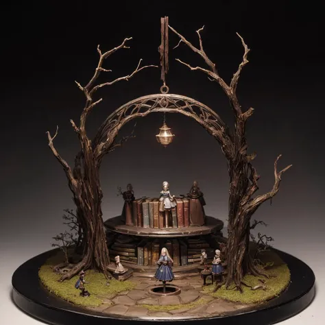 (miniature figurine krst3w4rt explorers made out of plastic with detailed faces wearing dresses, exploring an endless spiral library with tall shelves of books at night time, grainy, painting, masterpiece, scary, shadows,) (dark surreal), ((tree branches p...