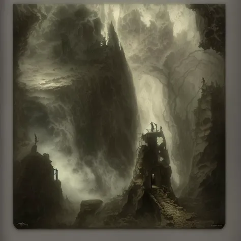 highly detailed photograph of a mysterious ruined castle overlooking a dark misty chasm, hyperdetailed award winning fantasy landscape photograph, gothic horror, dark fantasy art, masterpiece painting, elden ring, lord of the rings, art by Michael whelan, ...